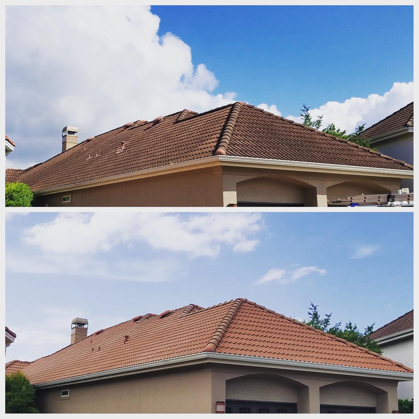 before and after soft wash roof cleaning